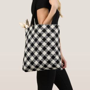 Bolsa Tote Padrão Xadrez Gingham Preto e Bege Diagonal