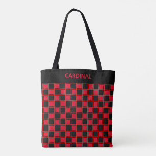 Bolsa Tote Padrão xadrez preto e vermelho chique & caligrafia