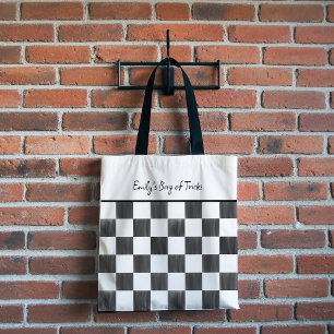 Bolsa Tote Padrão Xadrez Preto Personalizado Pintado