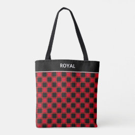 Bolsa Tote Padrão xadrez preto vermelho chique e caligrafia
