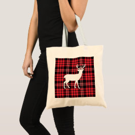Bolsa Tote Padrão Xadrez Tartã Vermelha com Veado Natal Branc