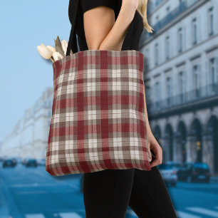 Bolsa Tote Padrão Xadrez Vermelho Marrom Marfim Clássico