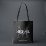 Bolsa Tote Padrinhos de casamento Personalizados Pretos Elega<br><div class="desc">Adicione um toque pessoal ao seu casamento com padrinhos de casamento personalizados. Esta bolsa apresenta o nome de padrinho de casamento personalizado com título e data de casamento em branco e monograma em cinza como fundo, no estilo clássico da fonte serif, em fundo preto. Também perfeito para o melhor homem,...</div>