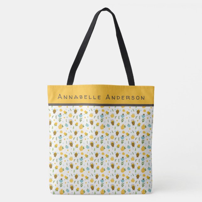 Bolsa Tote Padrões de Abelhas e Flores Personalizar a Marca d (Frente)