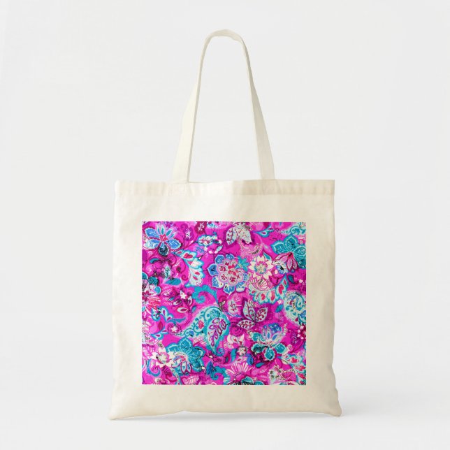 Bolsa Tote Padrões de flores rosas, azuis e brancas (Frente)