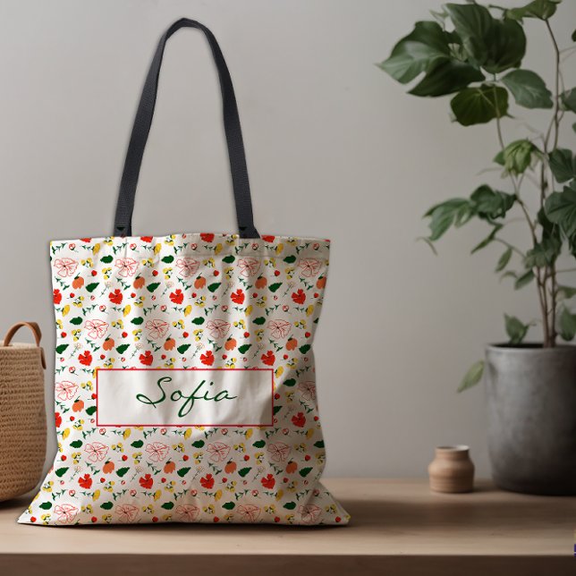Bolsa Tote Padrões de flores silvestres, sacola vermelha de p (Criador carregado)