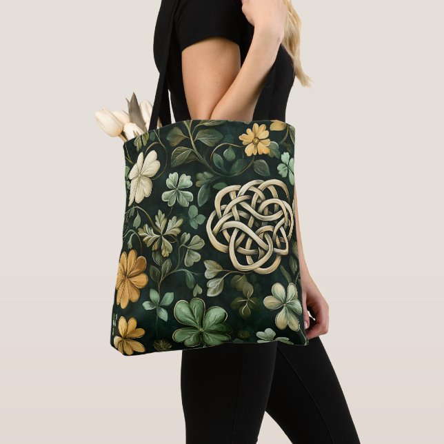 BOLSA TOTE PADRÕES DE NÓ CELTA IRLANDÊS VERDE E DOURADO (Close Up)