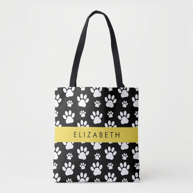 Bolsa Tote Padrões de pata, patas de cão, preto e branco, seu (Frente)