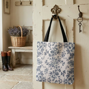 Bolsa Tote Padrões De Pinstriped E Chintz Azul Vintage
