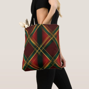BOLSA TOTE PADRÕES DE XADREZ DE NATAL DOURADO VERDE VERDE VER