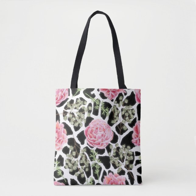 Bolsa Tote Padrões e flores de girafa rosa e preta (Frente)