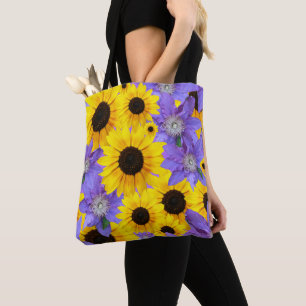 Bolsa Tote Padrões Florais Coloridos Amarelo e Roxo de Girass