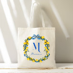 Bolsa Tote Padrões personalizados de damas de arco azul-limõe<br><div class="desc">Chá de panela de fita azul-limões arco coquete  personalizado bridesmaid presentes monogramas tote saco,  limões cítricos azul e amarelo tote personalizado; bridesmaids nojentos de verão presentes para o saco favoritos do partido noiva</div>