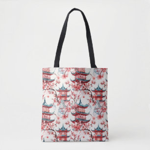 Bolsa Tote Pagoda Chinesa Aquarela com Blossomas de Cereja (8