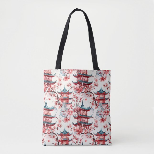 Bolsa Tote Pagoda Chinesa Aquarela com Blossomas de Cereja (8 (Frente)