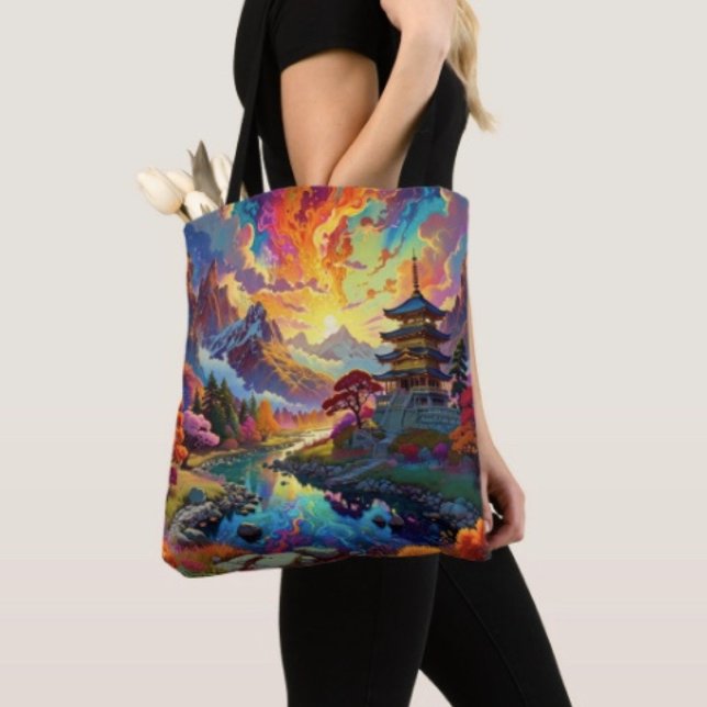Bolsa Tote Pagode e Paisagem Colorida ( Pagoda Tote Bag — 100% polyester, black laminated lining 100% cotton web hand. Made in the USA.
)