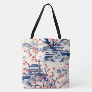 Bolsa Tote Pagode Japonesa Flor de Cerejeira Creme Azul