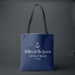 Bolsa Tote Pai feito sob encomenda do casamento náutico da<br><div class="desc">Surpreenda o pai do noivo com esta sacola personalizada que caracteriza um design náutico com uma âncora branca ajustada contra um fundo do marinho. Personalize adicionando seu nome e sua data do casamento. Um grande tamanho para fundamentos wedding: roupa, calçados, petiscos, água, etc. extra. O perfeito ir-ao saco para um...</div>