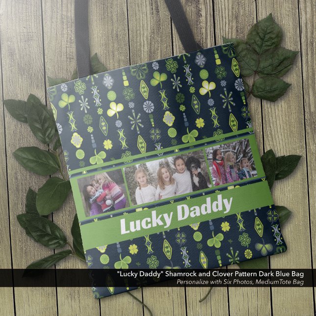 Bolsa Tote "Pai Sortudo" Shamrock Clover Pattern Blue Foto ("Lucky Daddy" Shamrock and Clover Pattern Dark Blue Bag: Personalize with 6 different photos.)