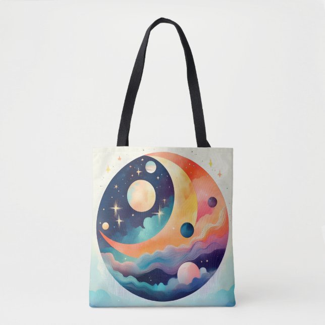 Bolsa Tote Paisagem Celestial - Lua e Planetas Abstrato (Frente)