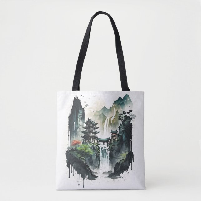 Bolsa Tote Paisagem Chinesa Antiga com Cascata (Frente)