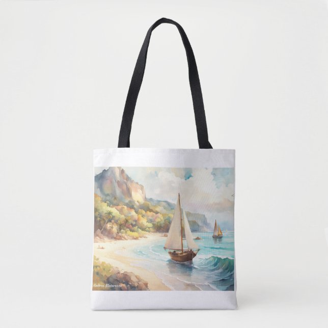 Bolsa Tote Paisagem com mar e navios à vela (Frente)