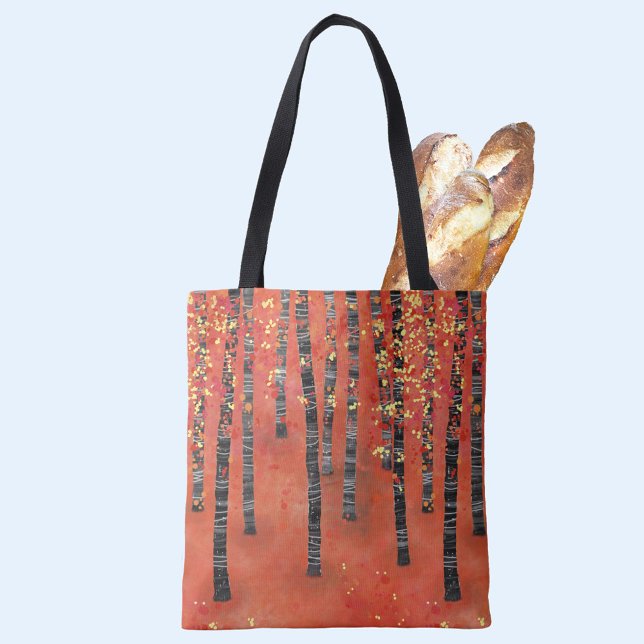 Bolsa Tote Paisagem da Floresta Birch (Birch Aspen tree forest abstract red art tote bag)