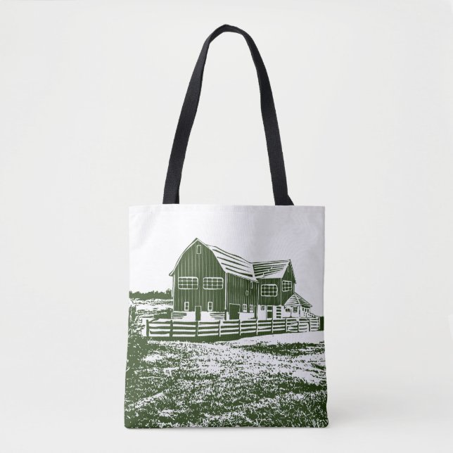 Bolsa Tote Paisagem de campo com recortes de madeira casa de  (Frente)