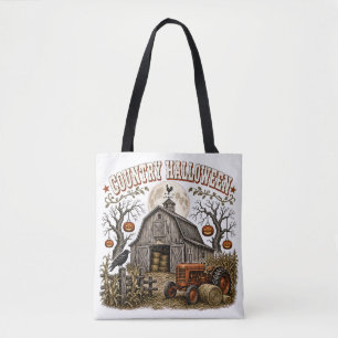 Bolsa Tote Paisagem de Halloween de Abóbora de Celeiro de Tra