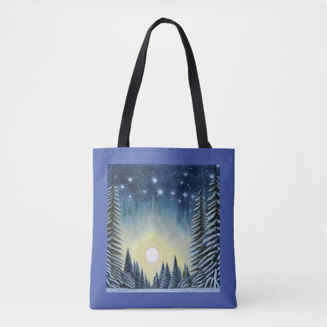 Bolsa Tote Paisagem De Neve Evergreen Lua Sob As Estrelas Not (Frente)