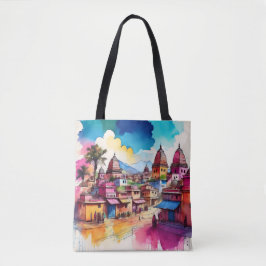 Bolsa Tote Paisagem de Templo Vibrante - Arte de Aquarela