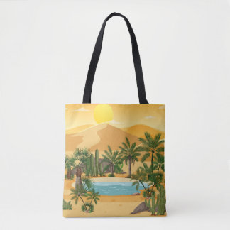 Bolsa Tote Paisagem do deserto na cena do pôr do sol com oási