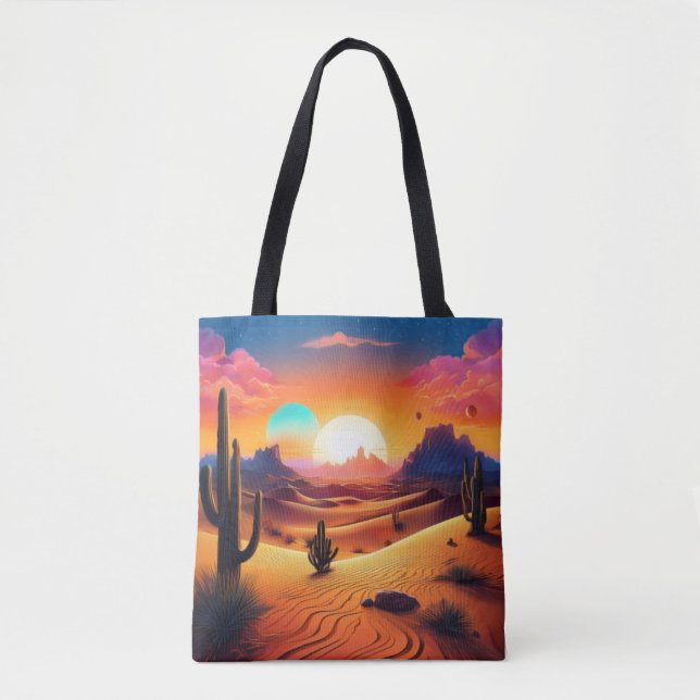 Bolsa Tote Paisagem do Deserto Twin Suns - Celestial Cactus H (Frente)