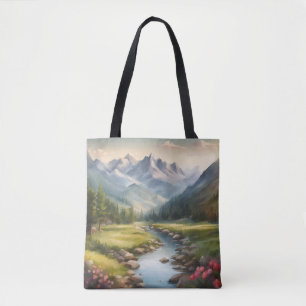Bolsa Tote Paisagem do rio Watercolor Mountain