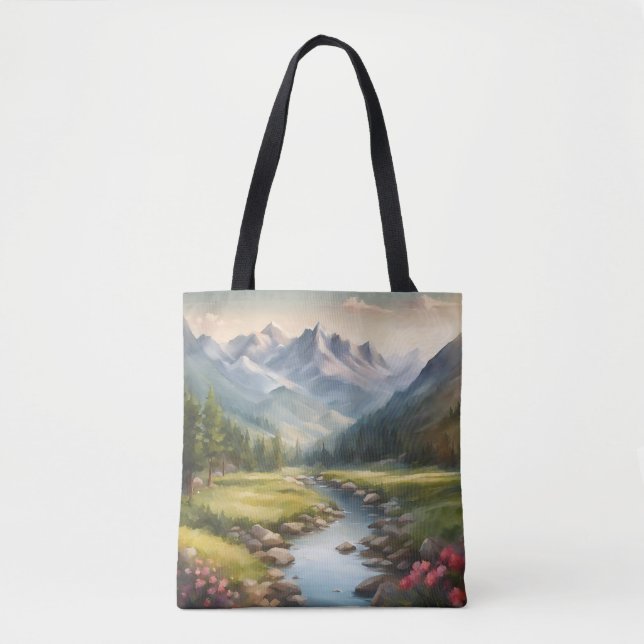 Bolsa Tote Paisagem do rio Watercolor Mountain (Frente)