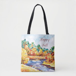 Bolsa Tote Paisagem em aquarela de outono com texto personali