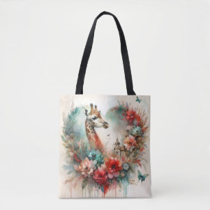 Bolsa Tote Paisagem Floral de Girafas em Aquarela Safari