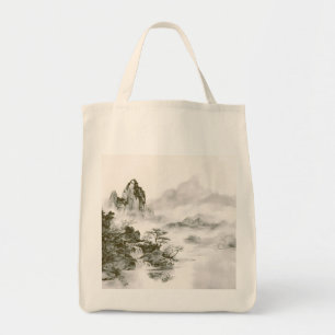 Bolsa Tote Paisagem Minimalista de Montanha Zen com Tinta Neb