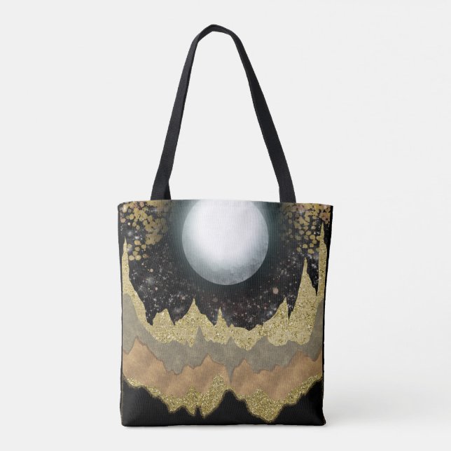 Bolsa Tote Paisagem Montanhosa Dourada da Lua Mística Moderna (Verso)