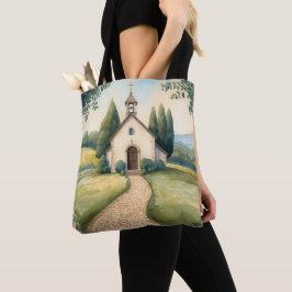 Bolsa Tote Paisagem Pastel do Caminho da Capela Cottagecore
