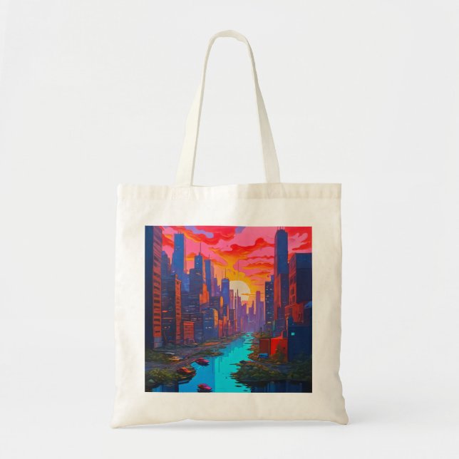 Bolsa Tote Paisagem Psicodélica Rosa com Rio (Frente)