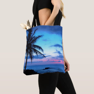 Bolsa Tote Paisagem solar azul-rosa Bonito da Ilha Tropical