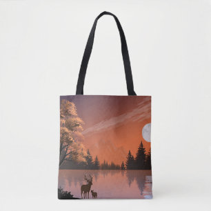 Bolsa Tote Paisagem Sunrise com Lago e Deers-51207