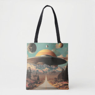 Bolsa Tote Paisagem Surrealista com Estrada, OVNI e Saturno