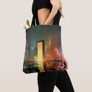 Bolsa Tote Paisagem urbana futurista com reflexos de néon