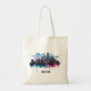 Bolsa Tote Paisagem Urbana Vibrante de Boston em Aquarela