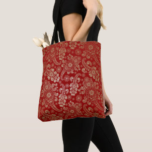 Bolsa Tote Paisley de Luxo Dourado em Fundo Vermelho Rubi