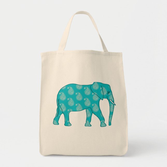 Bolsa Tote Paisley Elephant, Turquoise e Aqua (Frente)