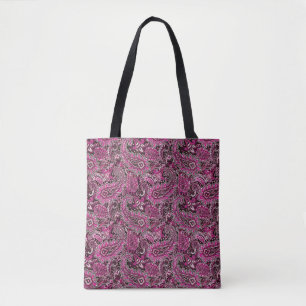 Bolsa Tote Paisley Intricado em Pinks Vibrantes sobre Preto