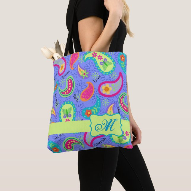 Bolsa Tote Paisley Modern Lavanda Monograma (Close Up)